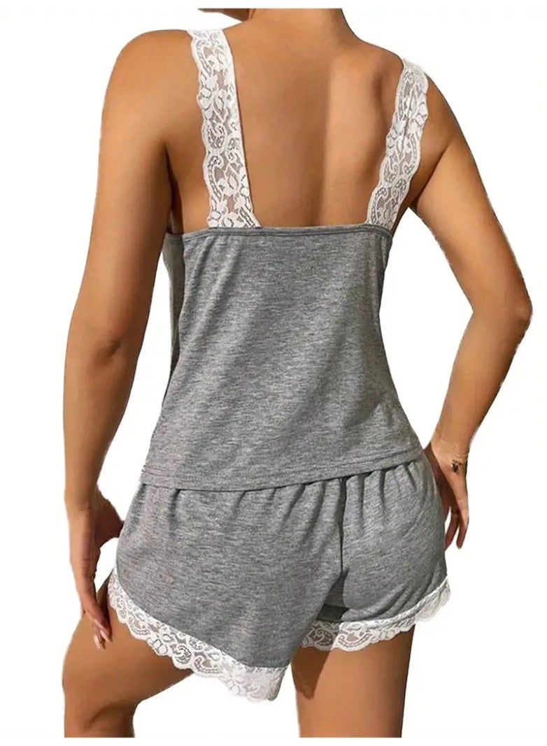 Women's Comfy Pajama Set with Lace Details, Spaghetti Strap V - Neck Top and Shorts, Casual Loungewear  - Image 1