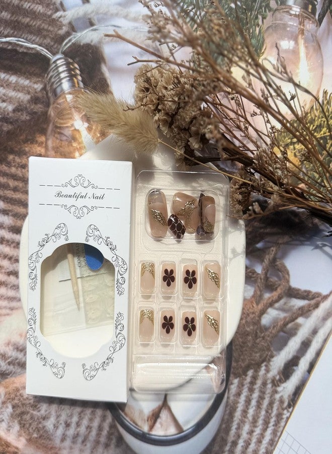 UCCASA Fall Press on Nails Short Square Brown Fake Nails Gold French Tip False Nails with Designs Flower Acrylic Nails Leopard Glue on Nail Glossy Short Artificial Autumn Stick on Nail for Women - Image 2