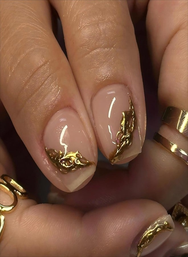 UCCASA Fall Press on Nails Short Square Brown Fake Nails Gold French Tip False Nails with Designs Flower Acrylic Nails Leopard Glue on Nail Glossy Short Artificial Autumn Stick on Nail for Women - Image 3