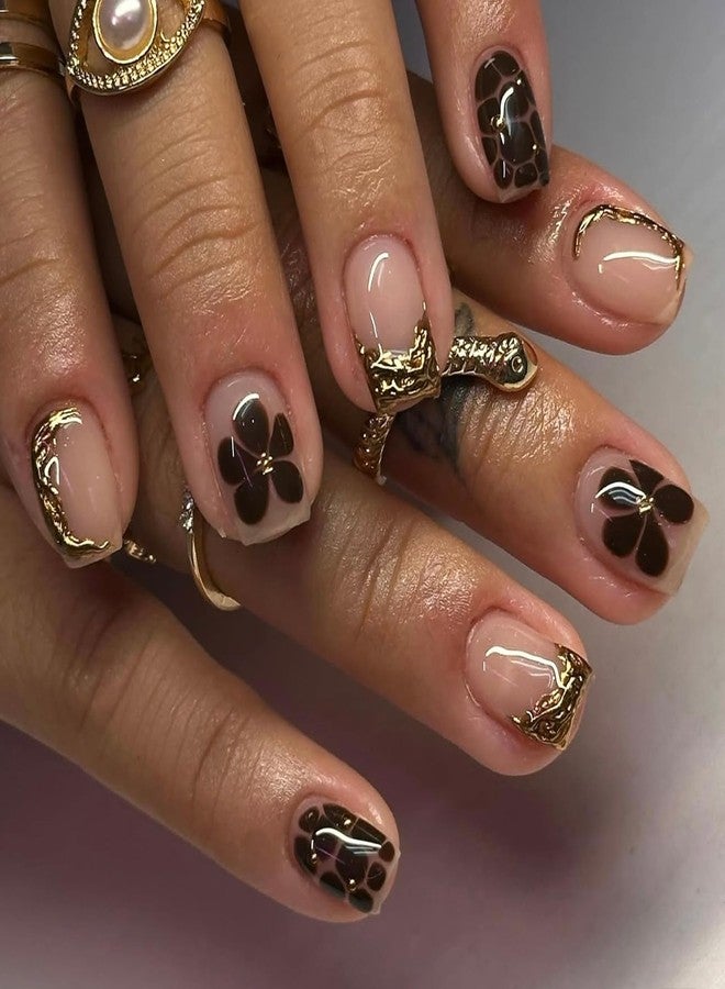 UCCASA Fall Press on Nails Short Square Brown Fake Nails Gold French Tip False Nails with Designs Flower Acrylic Nails Leopard Glue on Nail Glossy Short Artificial Autumn Stick on Nail for Women - Image 4