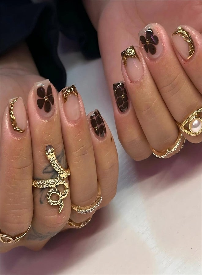 UCCASA Fall Press on Nails Short Square Brown Fake Nails Gold French Tip False Nails with Designs Flower Acrylic Nails Leopard Glue on Nail Glossy Short Artificial Autumn Stick on Nail for Women - Image 1