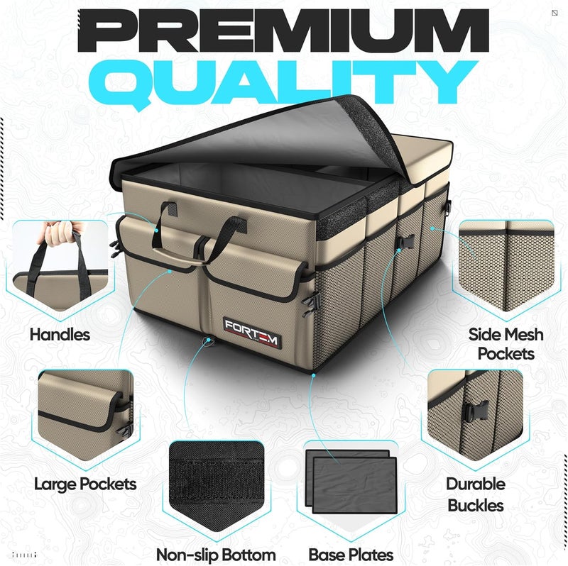 FORTEM Car Trunk Organizer - Collapsible Multi-Compartment SUV Storage with Non-Slip Bottom and Adjustable Straps (Tan, Large Size) - Image 2