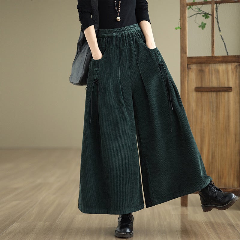 Autumn 2025 New Mid-length Retro Corduroy Pocket Lace-up Skirt Womens High Waist Slimming A- line Skirt Green - Image 1