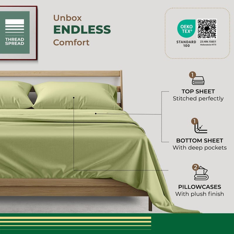 THREAD SPREAD 100% Organic Cotton Sheets King Size - 4 PC Organic Cotton King Percale Weave Sheet Set, Soft, Cooling, Crisp & Breathable, 16" Deep Pocket Hotel Quality Bedding Set - Sage Green - Image 3