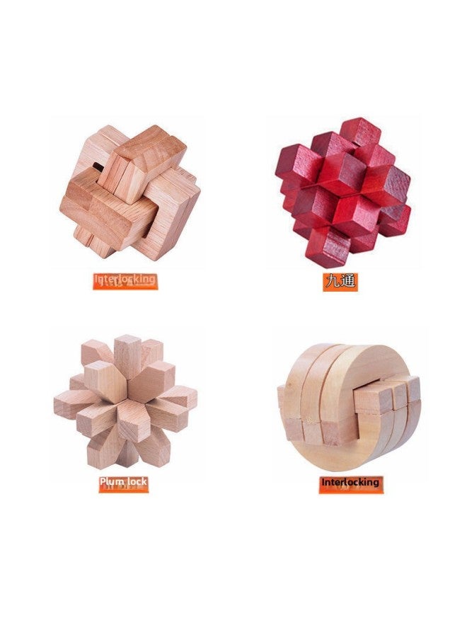 Luban Lock Children Kong Ming Lock Nine Chain Beneficial Intelligence Development For Boys And Girls Adult Assembled Toy Gifts-Color:[Intermediate] Four-piece Set Of Lotus Wood  - Image 1