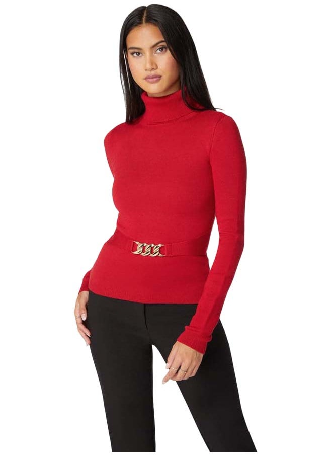 bebe Fitted Turtle Neck Ornate Belt Sweater  - Image 1