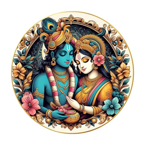 Nozvera Modern Radha Krishna Wall Painting with Frame - Sparkle Glossy Round Golden Framed Large Painting for Office, Living Room, Bedroom, Home Wall Decoration (Design 03, 40 CM * 40 CM) - Image 1