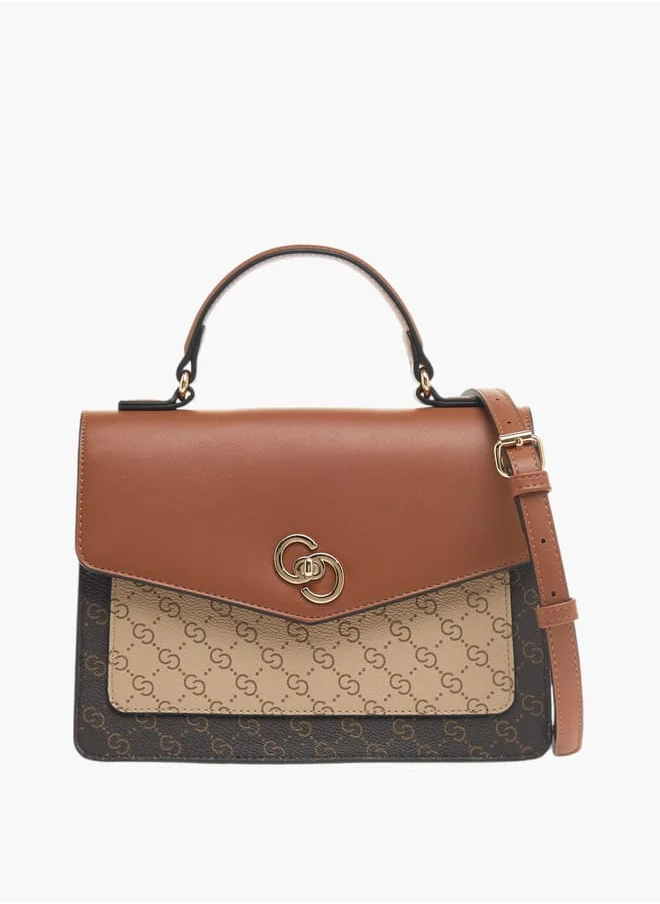 سيليست Womens Monogram Print Satchel Bag With Detachable Strap And Flap Closure
