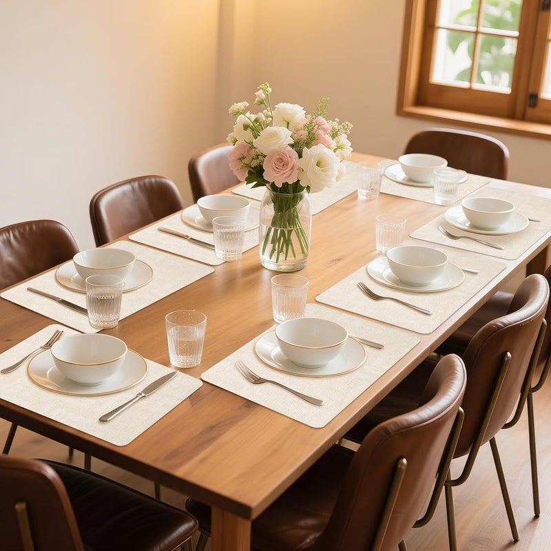 Maxpearl Faux Leather Placemats Set of 8 – Waterproof, Wipe Clean, Heat Resistant, Non-Slip Dining Table Mats for Indoor & Outdoor Use, 17”×12”, Beige - Image 2
