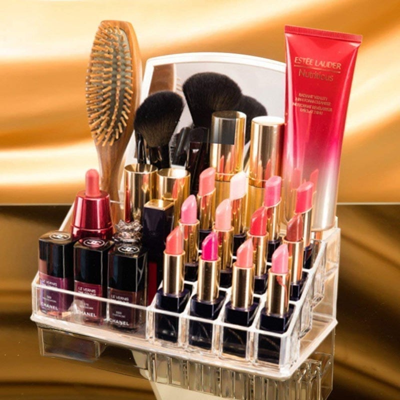 Stadash Clear Plastic 16 Compartment Makeup Lipstick Holder Organizer Transparent Cosmetic Storage Box Nail Polish  Skincare Display Case for Vanity Dressing Table Organizer - Image 3