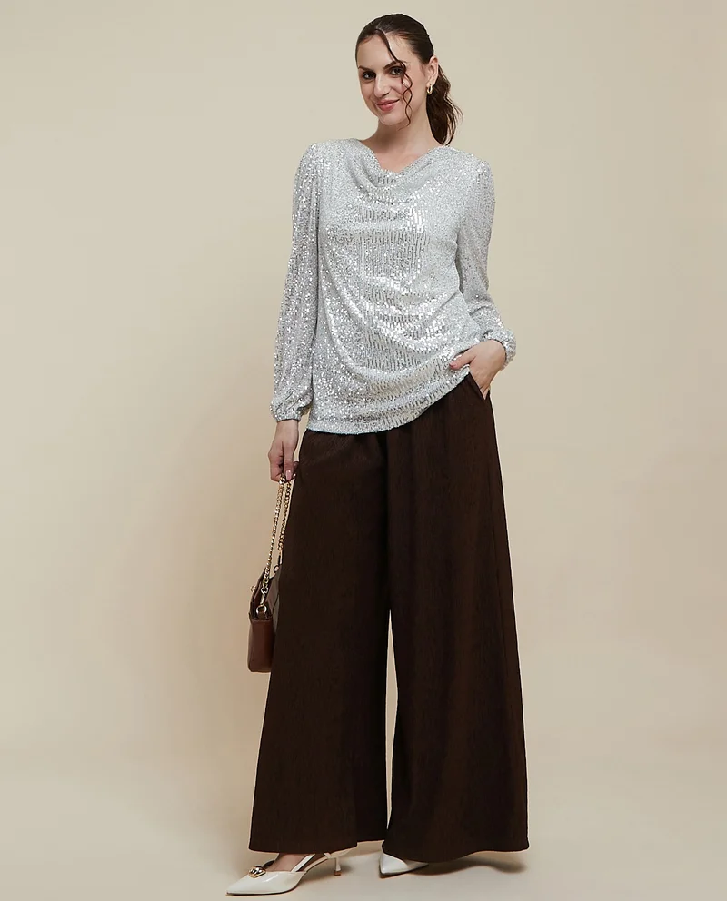 أر أند بي Textured Wide Leg Pants with Drawstring Waist