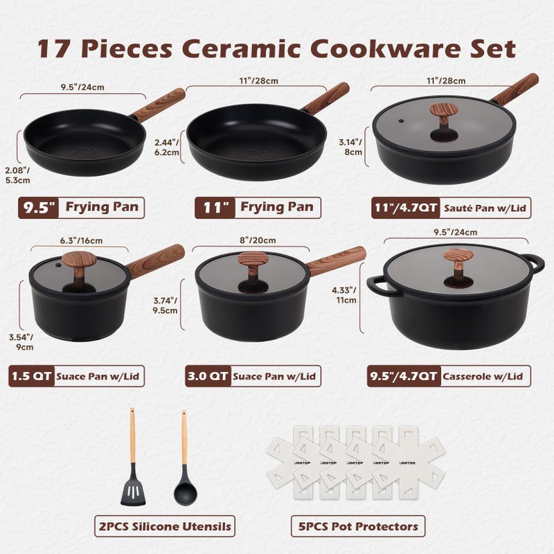 JEETEE Ceramic Cookware Sets 17 pcs, Healthy Pots and Pans Set Non Stick, Induction Kitchen Cooking Set with Removable Handles, Stackable Pots Pans, Oven Safe, PFOA/PFOS Free, Black - Image 2
