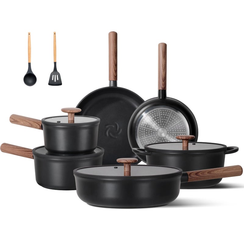 JEETEE Ceramic Cookware Sets 17 pcs, Healthy Pots and Pans Set Non Stick, Induction Kitchen Cooking Set with Removable Handles, Stackable Pots Pans, Oven Safe, PFOA/PFOS Free, Black - Image 1
