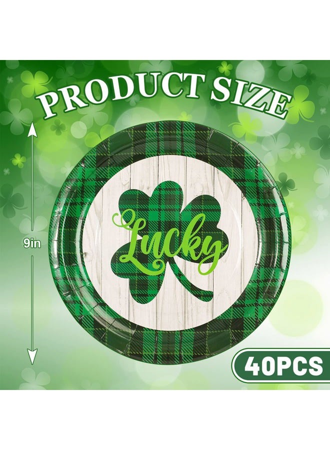 Whaline 40Pcs St. Patrick's Day Paper Plates Green Plaid Shamrock Round Disposable Plates Lucky Clover Decorative Dinner Tableware for Irish Holiday Birthday Table Decor Party Supplies, 9.1 Inch - Image 2