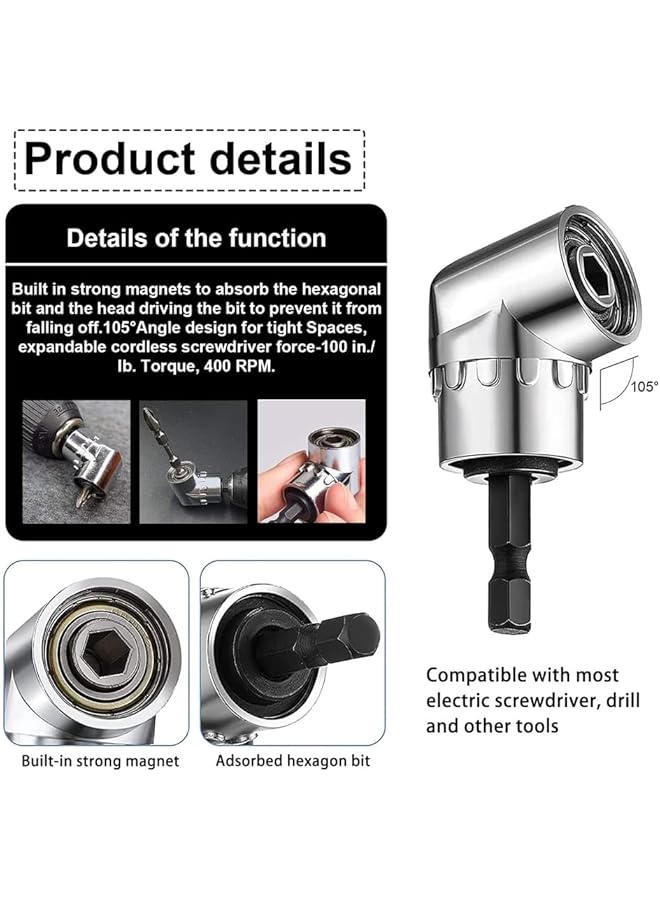 erorex 105 Degree Drill Adaptor 2Pcs 105° Right Angle Drill Attachment High Carbon Steel Hex Shank Magnetic Socket Holder For Power Drill Tools - Image 2