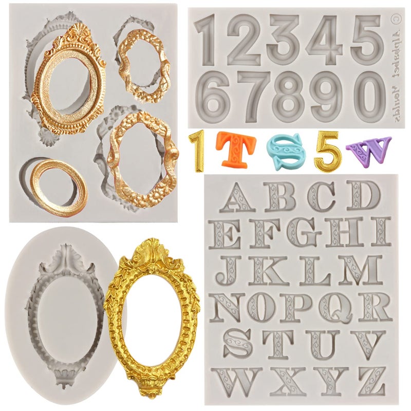Sijiangmold Photo Frame Fondant Molds Picture Frames Silicone Mold Letter Chocolate Molds Uppercase Alphabet Number Mold For Making Candy Gummy Biscuit Ice Cube Tray Cake Decoration Set Of 4 - Image 1