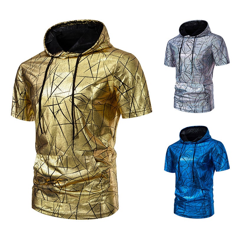 'S New 70S Disco Hooded Bronzing Short-Sleeved T-Shirt 015P40 - Image 2