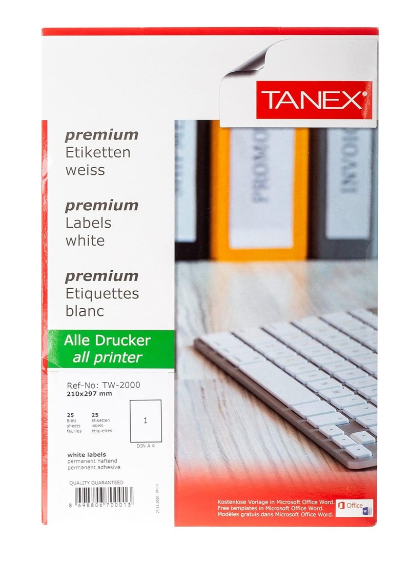 TANEX - 25-Piece A4 Size Multi Purpose Labels - Image 1