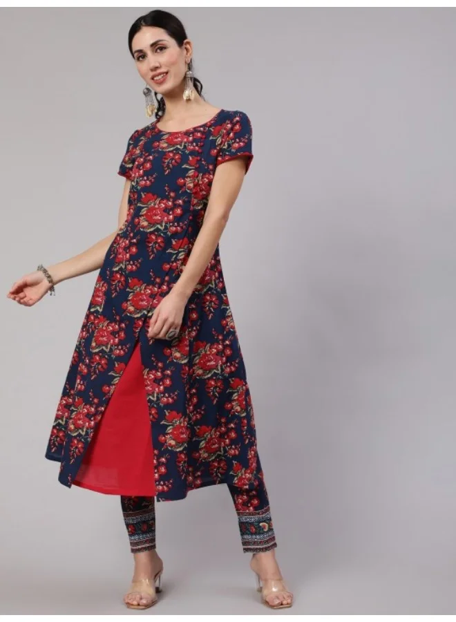 AKS Navy Blue & Red Floral Printed Layered A-line Kurta