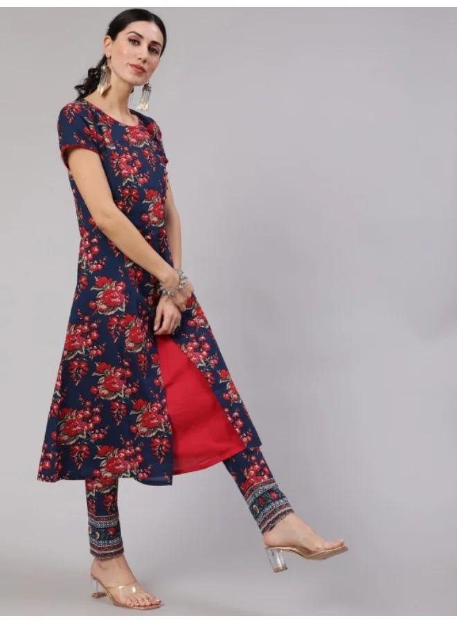 AKS Navy Blue & Red Floral Printed Layered A-line Kurta
