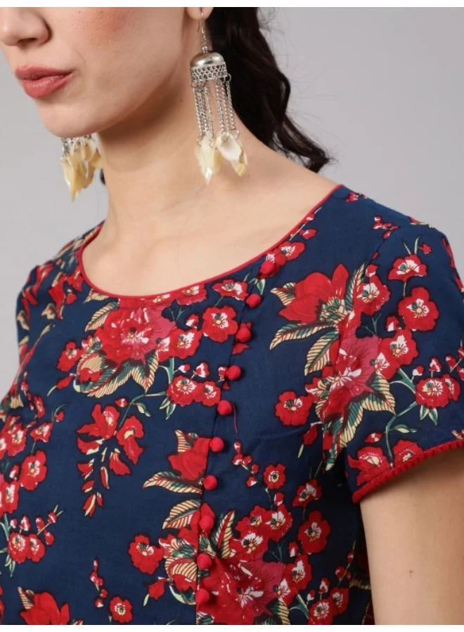 AKS Navy Blue & Red Floral Printed Layered A-line Kurta