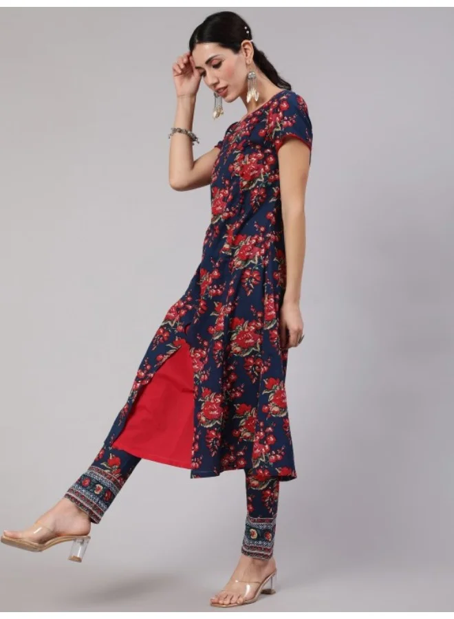 AKS Navy Blue & Red Floral Printed Layered A-line Kurta