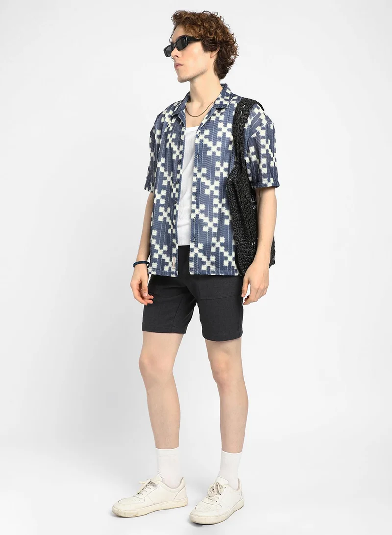 Campus Sutra Men's Prussian Blue Dice Mesh Oversized Shirt