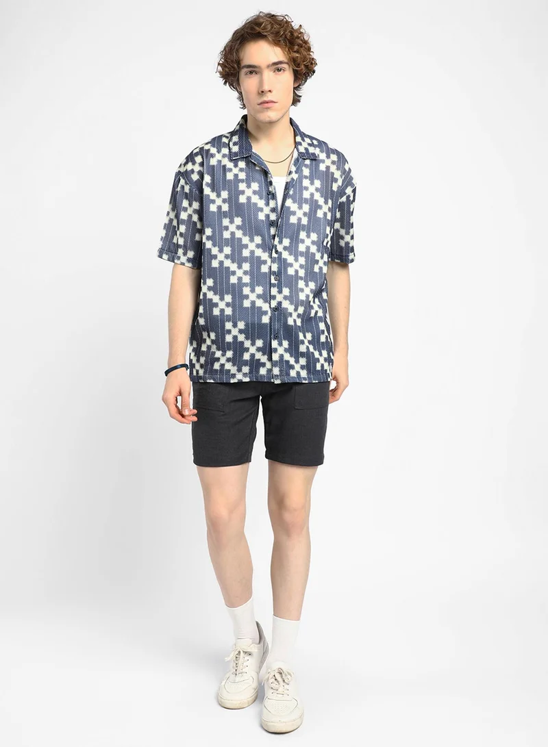 Campus Sutra Men's Prussian Blue Dice Mesh Oversized Shirt