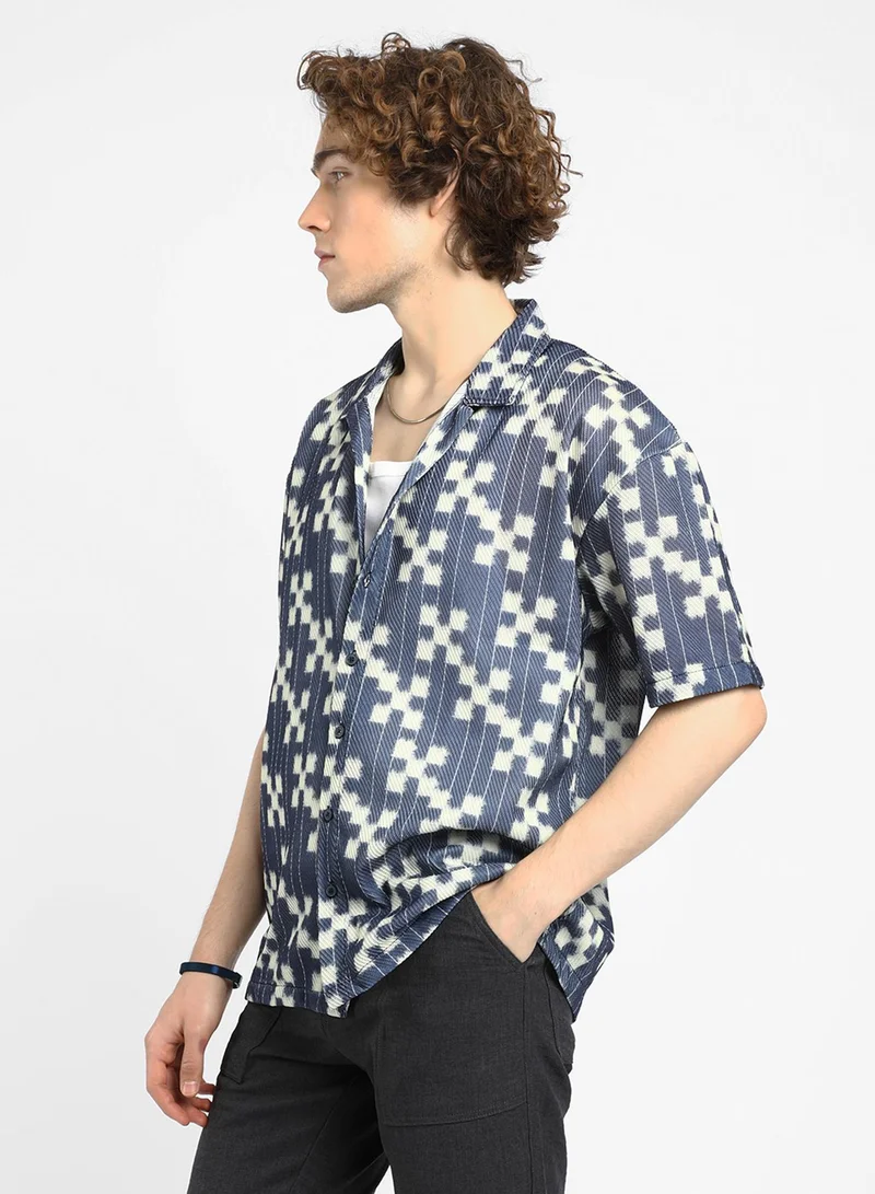 Campus Sutra Men's Prussian Blue Dice Mesh Oversized Shirt