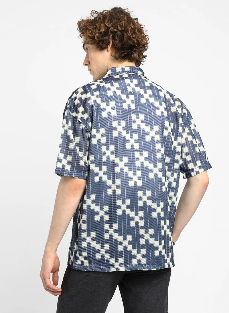 Campus Sutra Men's Prussian Blue Dice Mesh Oversized Shirt
