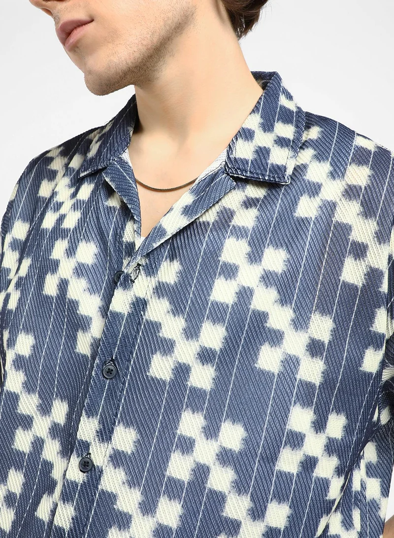 Campus Sutra Men's Prussian Blue Dice Mesh Oversized Shirt
