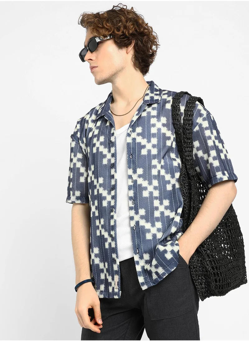 Campus Sutra Men's Prussian Blue Dice Mesh Oversized Shirt