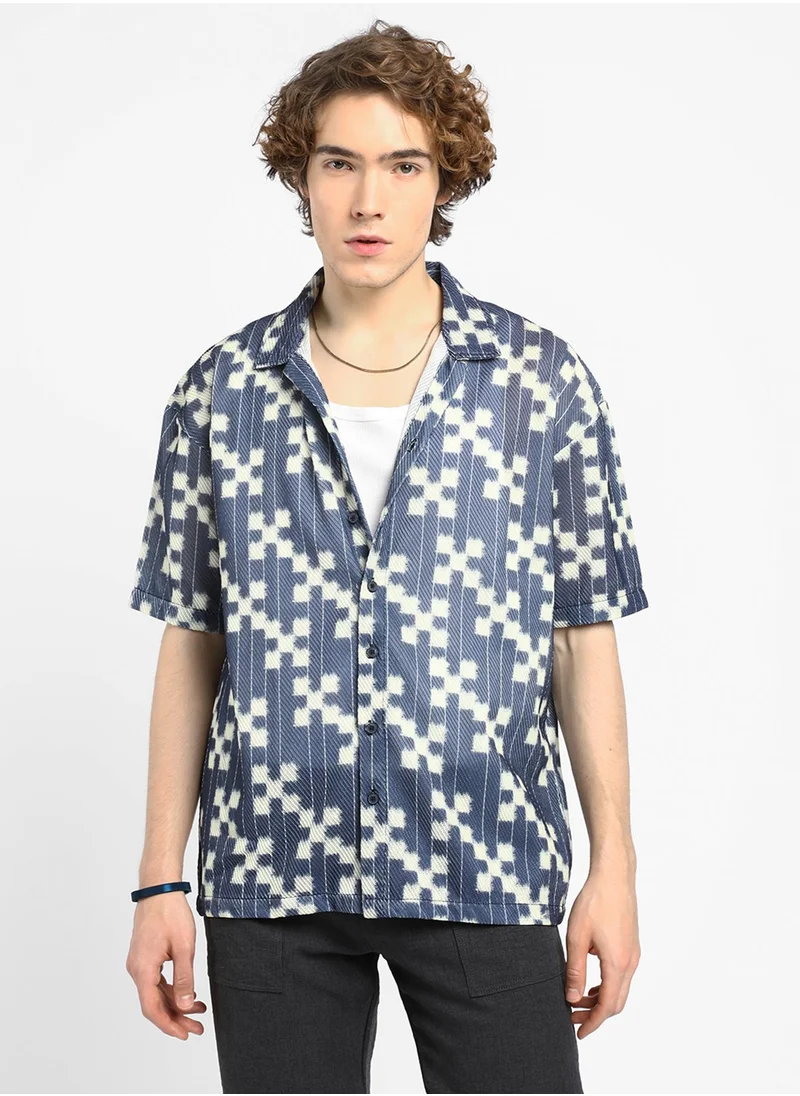 Campus Sutra Men's Prussian Blue Dice Mesh Oversized Shirt