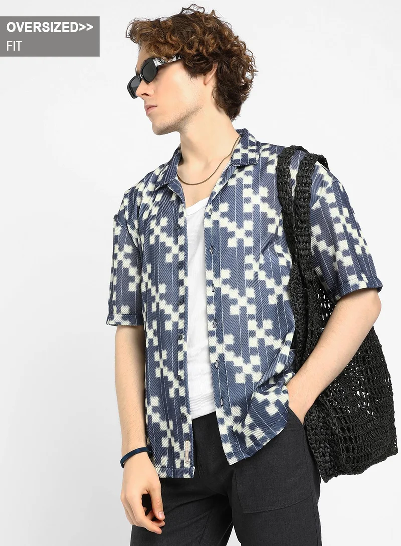 Campus Sutra Men's Prussian Blue Dice Mesh Oversized Shirt