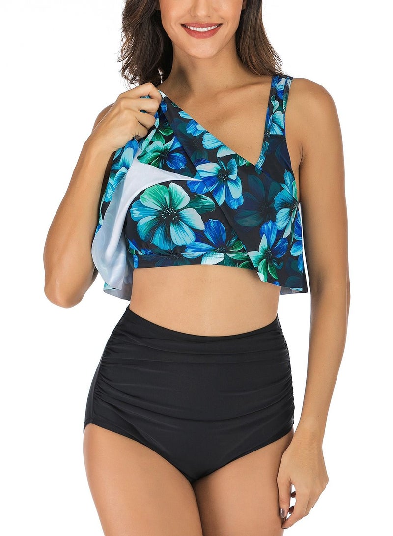 Loquat Blue print bikini high waist Split type halter belt suspenders swimsuit lady bikini  - Image 4
