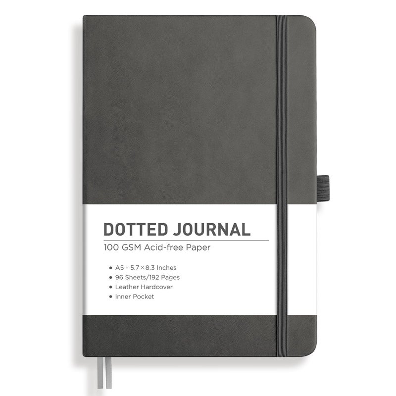 RETTACY Dotted Journal Notebook, 192 Pages, A5 Medium Size (5.7'' x 8.3''), Leather Hardcover, 100 GSM Thick Paper, for Bullet Journaling, Planning, Tracking (Gray) - Image 1