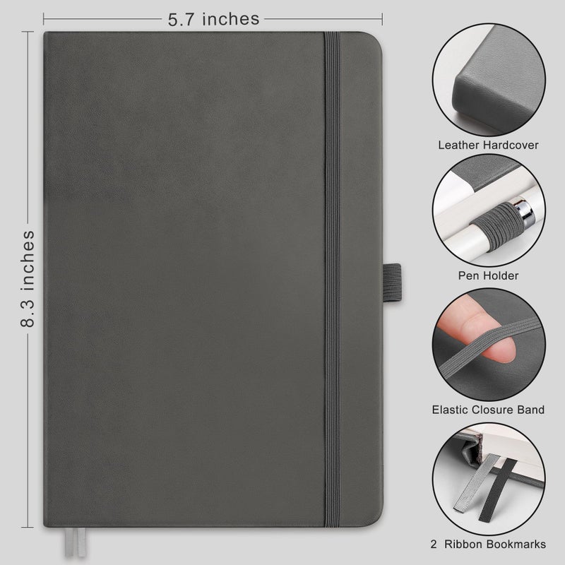 RETTACY Dotted Journal Notebook, 192 Pages, A5 Medium Size (5.7'' x 8.3''), Leather Hardcover, 100 GSM Thick Paper, for Bullet Journaling, Planning, Tracking (Gray) - Image 2