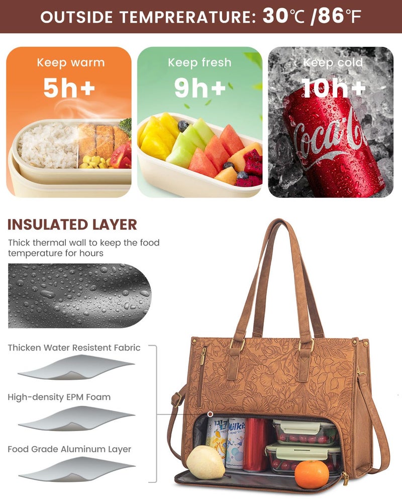 LOVEVOOK Lunch Tote Bag for Women, 15.6 Inch Laptop Bag with Insulated Lunch Compartment, Quilted Large Capacity Computer Handbag with Purse for Business, Work, Office, Casual, Yellowish brown - Image 2