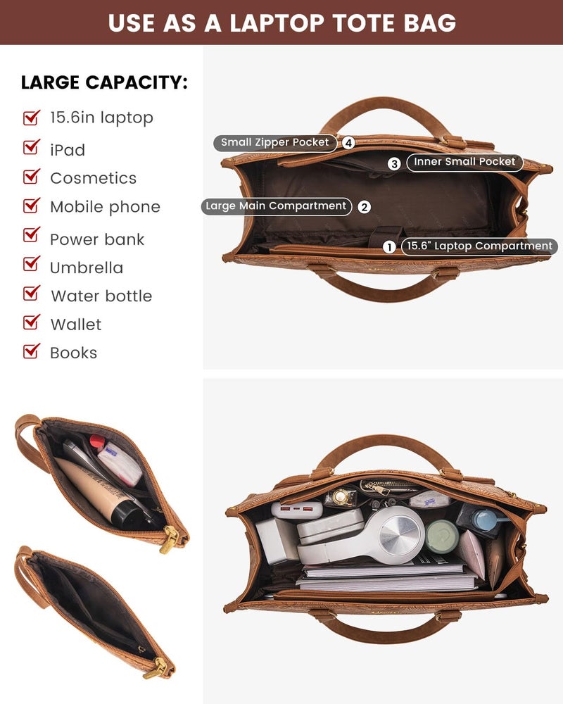 LOVEVOOK Lunch Tote Bag for Women, 15.6 Inch Laptop Bag with Insulated Lunch Compartment, Quilted Large Capacity Computer Handbag with Purse for Business, Work, Office, Casual, Yellowish brown - Image 4