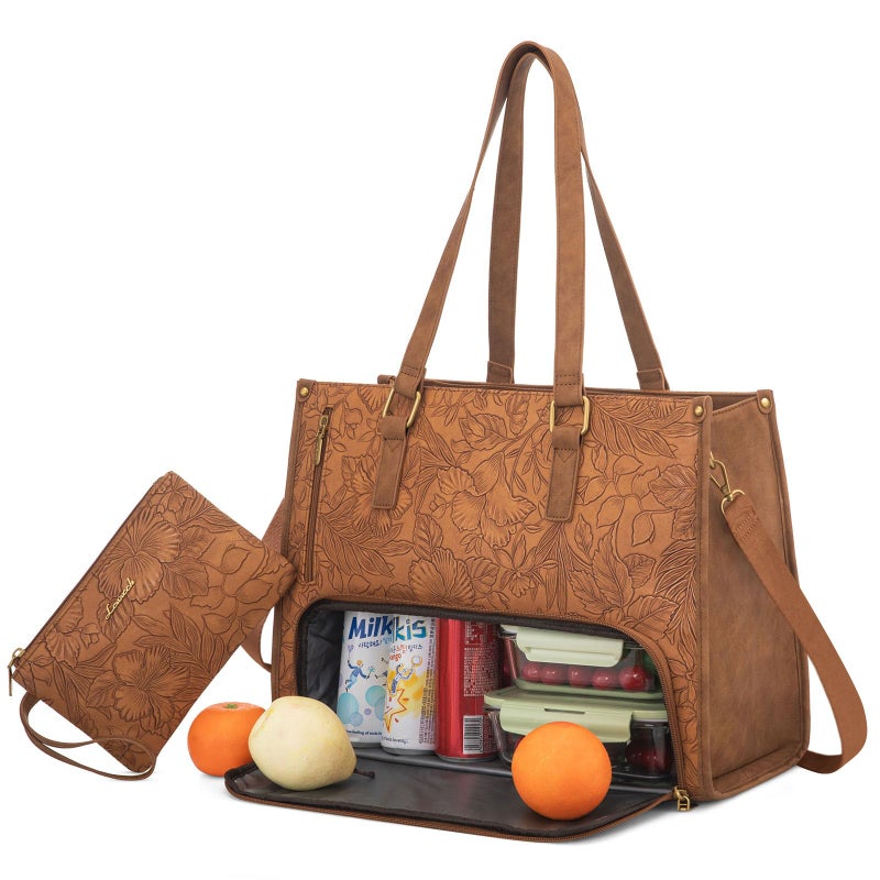 LOVEVOOK Lunch Tote Bag for Women, 15.6 Inch Laptop Bag with Insulated Lunch Compartment, Quilted Large Capacity Computer Handbag with Purse for Business, Work, Office, Casual, Yellowish brown - Image 1