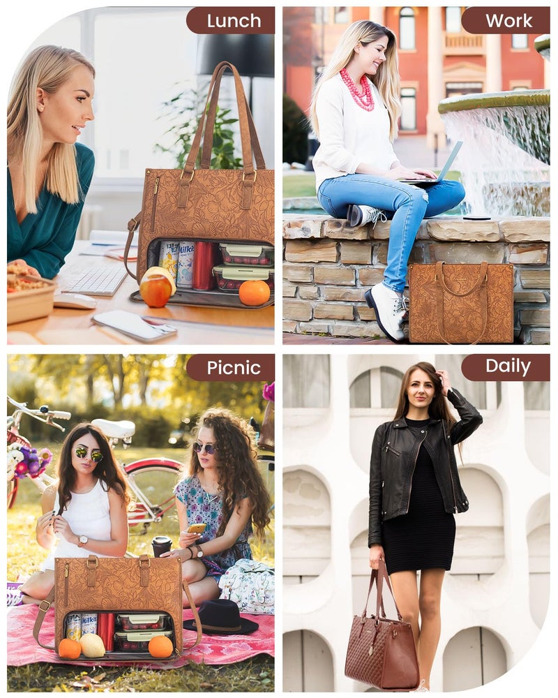 LOVEVOOK Lunch Tote Bag for Women, 15.6 Inch Laptop Bag with Insulated Lunch Compartment, Quilted Large Capacity Computer Handbag with Purse for Business, Work, Office, Casual, Yellowish brown - Image 5