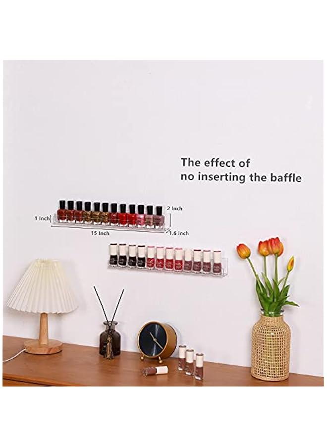 Arabest Nail Polish Rack Wall Mounted Shelf 2 Pack,Clear Acrylic Nail Polish Holder Organizer with Removable Anti-Slip End Inserts,2 Tiers Floating Polish Organizer Display 30 Bottles  - Image 3