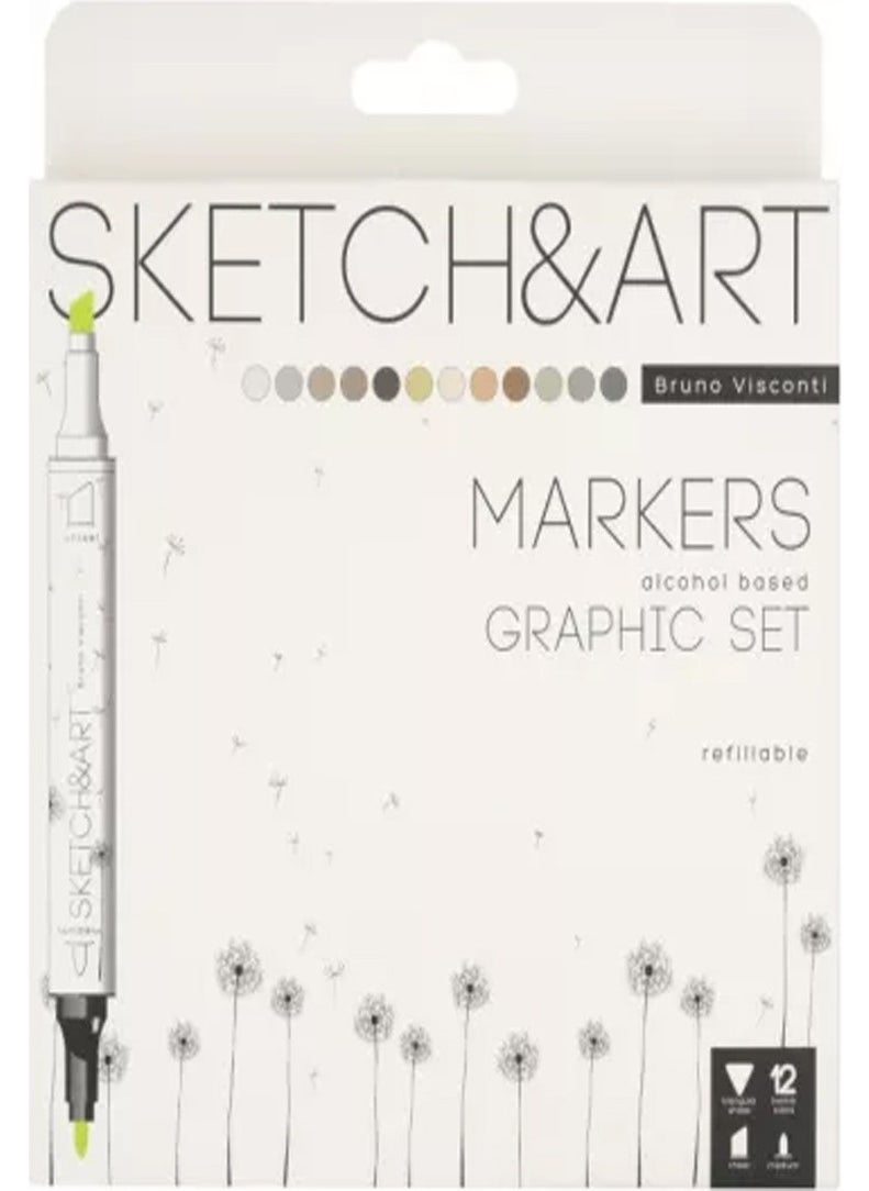 Bruno Visconti Sketch Art Double Sided Markers 12 Colors Graphics 22-0076/03 
