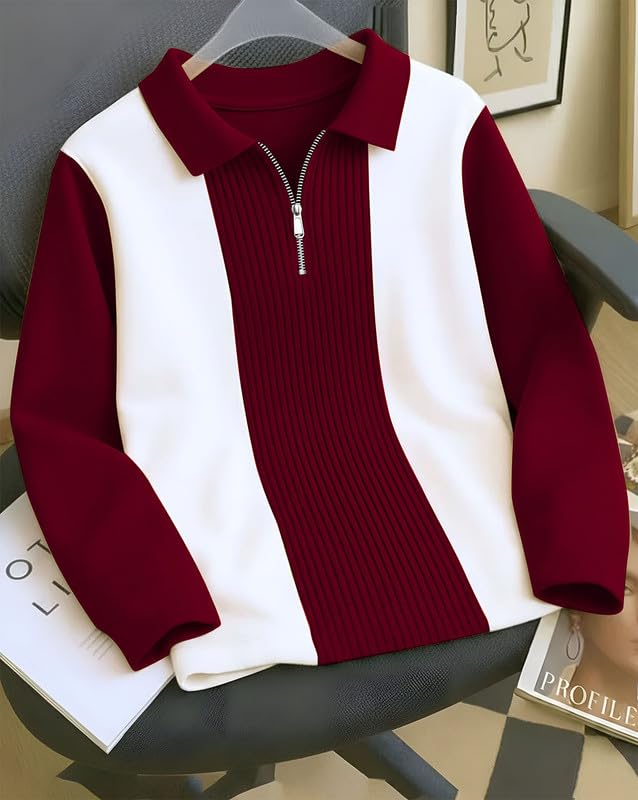 AUSK T-Shirt for Men Zip Neck Texture Self Design Cotton Blend Mens Tshirts Maroon - Image 2