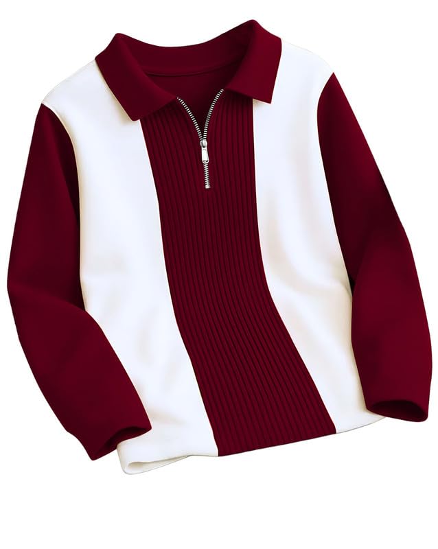 AUSK T-Shirt for Men Zip Neck Texture Self Design Cotton Blend Mens Tshirts Maroon - Image 1