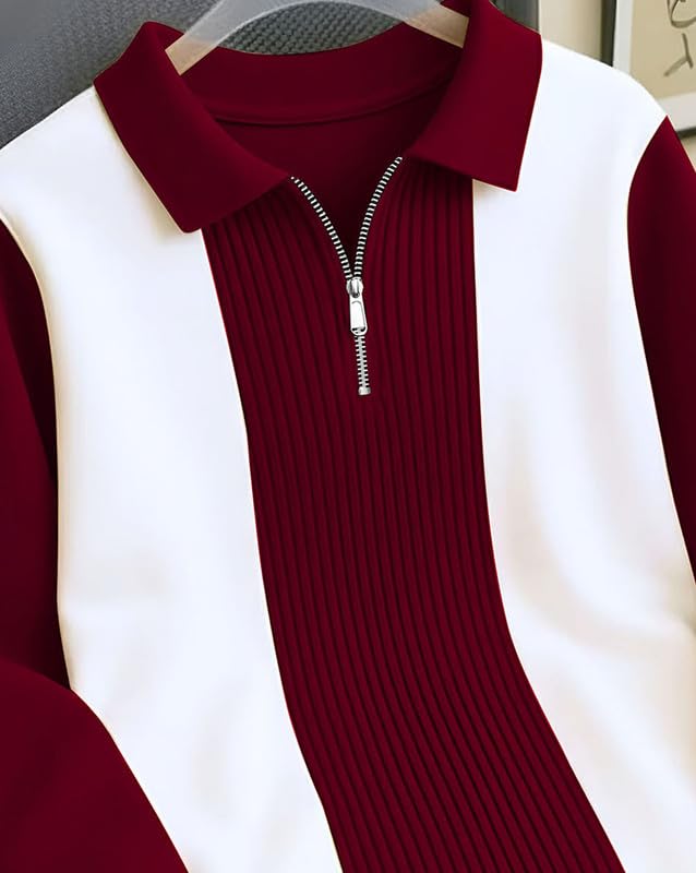 AUSK T-Shirt for Men Zip Neck Texture Self Design Cotton Blend Mens Tshirts Maroon - Image 4