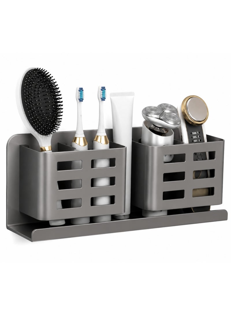 Wall Mounted Bathroom Organizer, Aluminum Toothbrush Holder with 4 Slots and Storage Shelf, Rust Resistant Bathroom Rack for Toothbrush, Toothpaste, Razor and Comb, No Drill Installation - Image 1