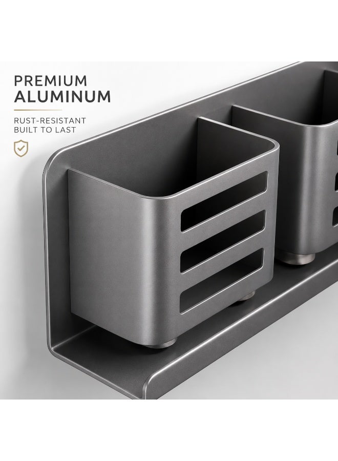 Wall Mounted Bathroom Organizer, Aluminum Toothbrush Holder with 4 Slots and Storage Shelf, Rust Resistant Bathroom Rack for Toothbrush, Toothpaste, Razor and Comb, No Drill Installation - Image 3