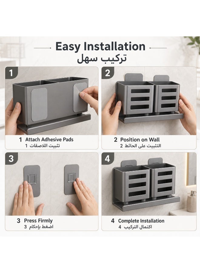 Wall Mounted Bathroom Organizer, Aluminum Toothbrush Holder with 4 Slots and Storage Shelf, Rust Resistant Bathroom Rack for Toothbrush, Toothpaste, Razor and Comb, No Drill Installation - Image 5