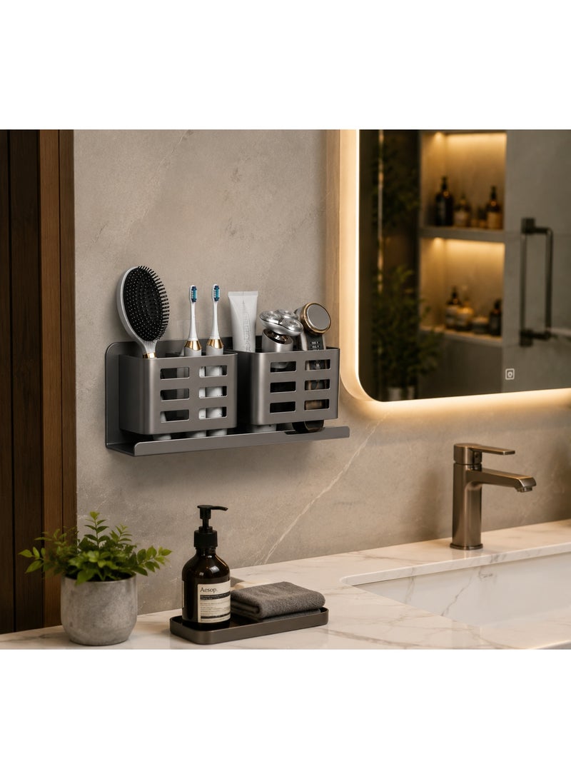 Wall Mounted Bathroom Organizer, Aluminum Toothbrush Holder with 4 Slots and Storage Shelf, Rust Resistant Bathroom Rack for Toothbrush, Toothpaste, Razor and Comb, No Drill Installation - Image 2
